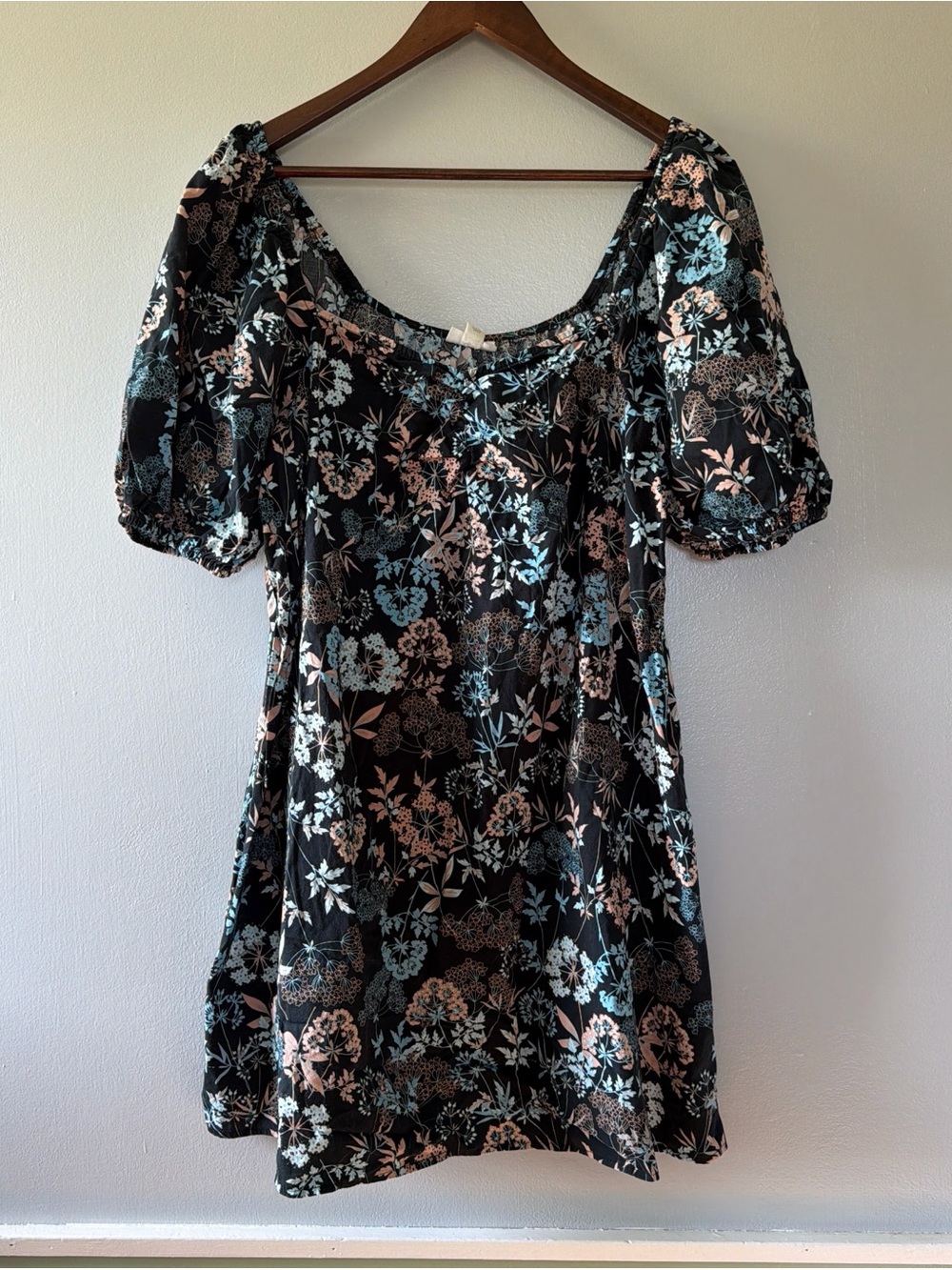 a.n.a Black Floral Puff Sleeve Mini Dress with Blue and Blush Accents